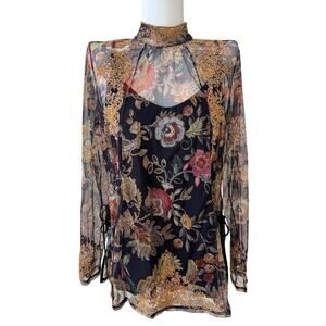Johnny Was Francisca Lowri Mesh Blouse S Embroidered Floral Boho Mock Neck NEW